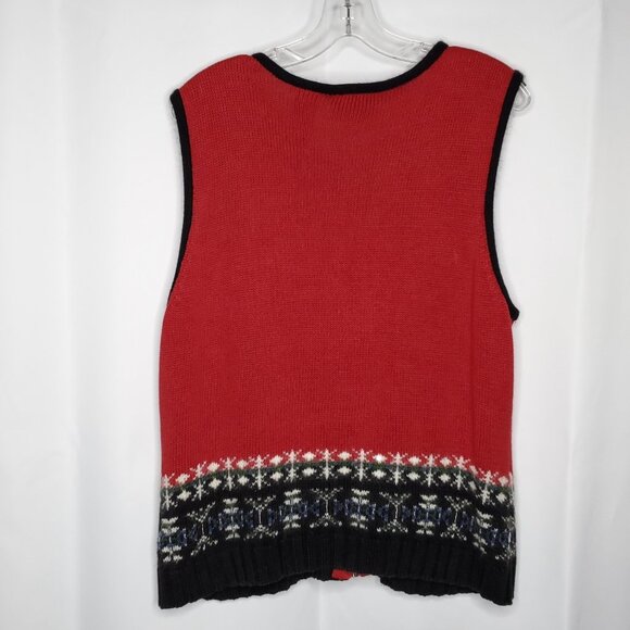 Womens Zip Up Sweater Vest L Red Black Fair Isle Nordic Sequin Angora Accent - Picture 4 of 5